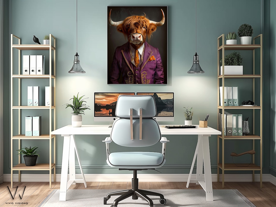 Dapper Highland Cow In Purple Suit Art Print - Image 3