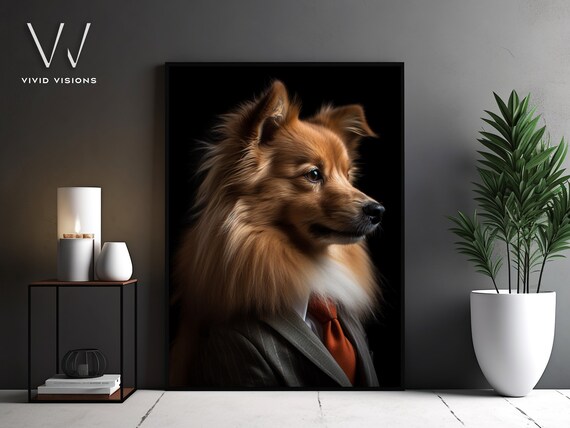 Fluffy Red Dog Portrait Gray Pinstripe Suit Red Tie Gentleman Poster
