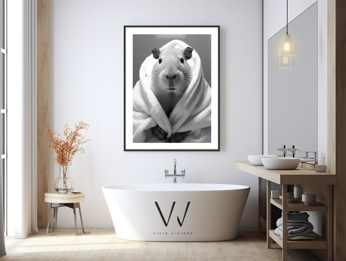 Capybara in Bathrobe Funny Black and White Bathroom Art Poster - Image 3