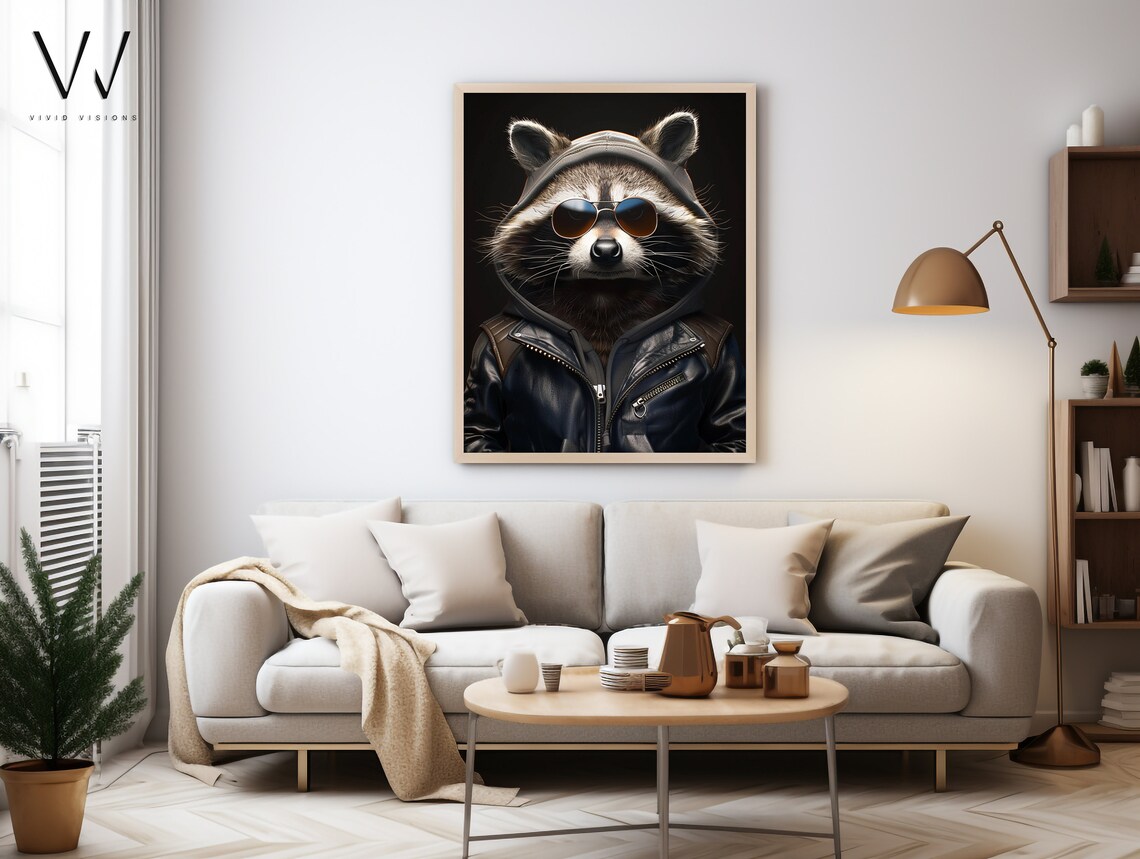 Modern Raccoon Portrait in Sunglasses, Vintage Style - Image 4