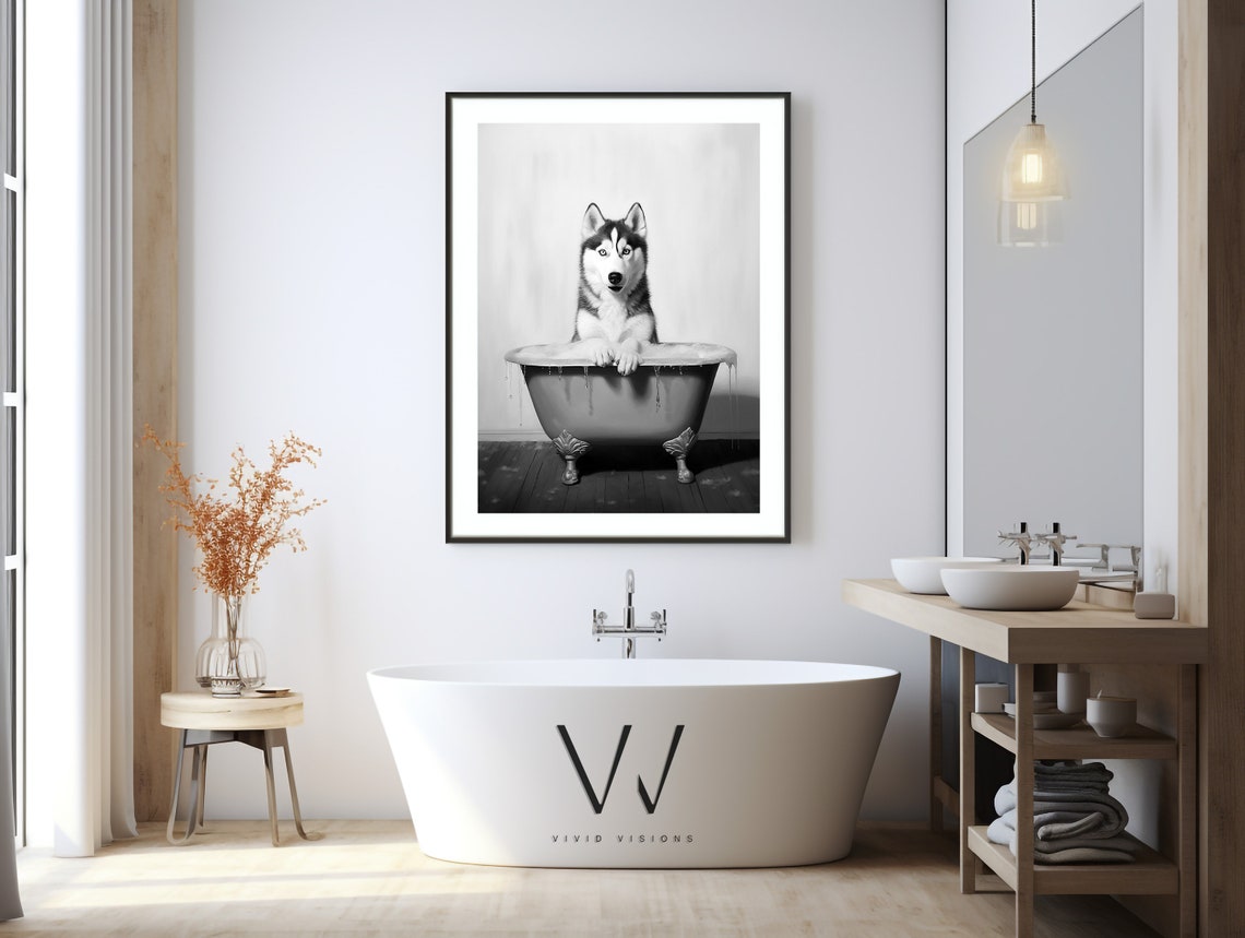 Siberian Husky in Vintage Bathtub Black White Bathroom Poster - Image 3