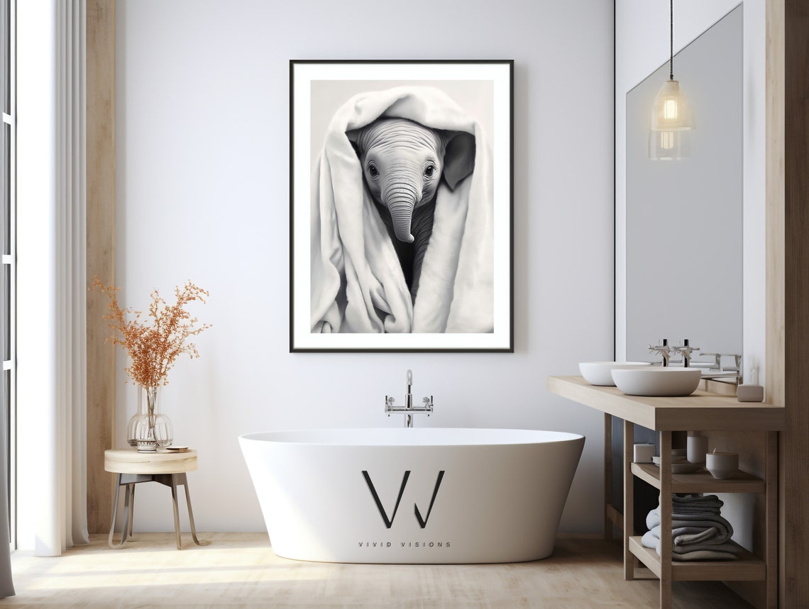 Baby Elephant Peeking Out of a Soft White Towel Nursery Poster - Image 3