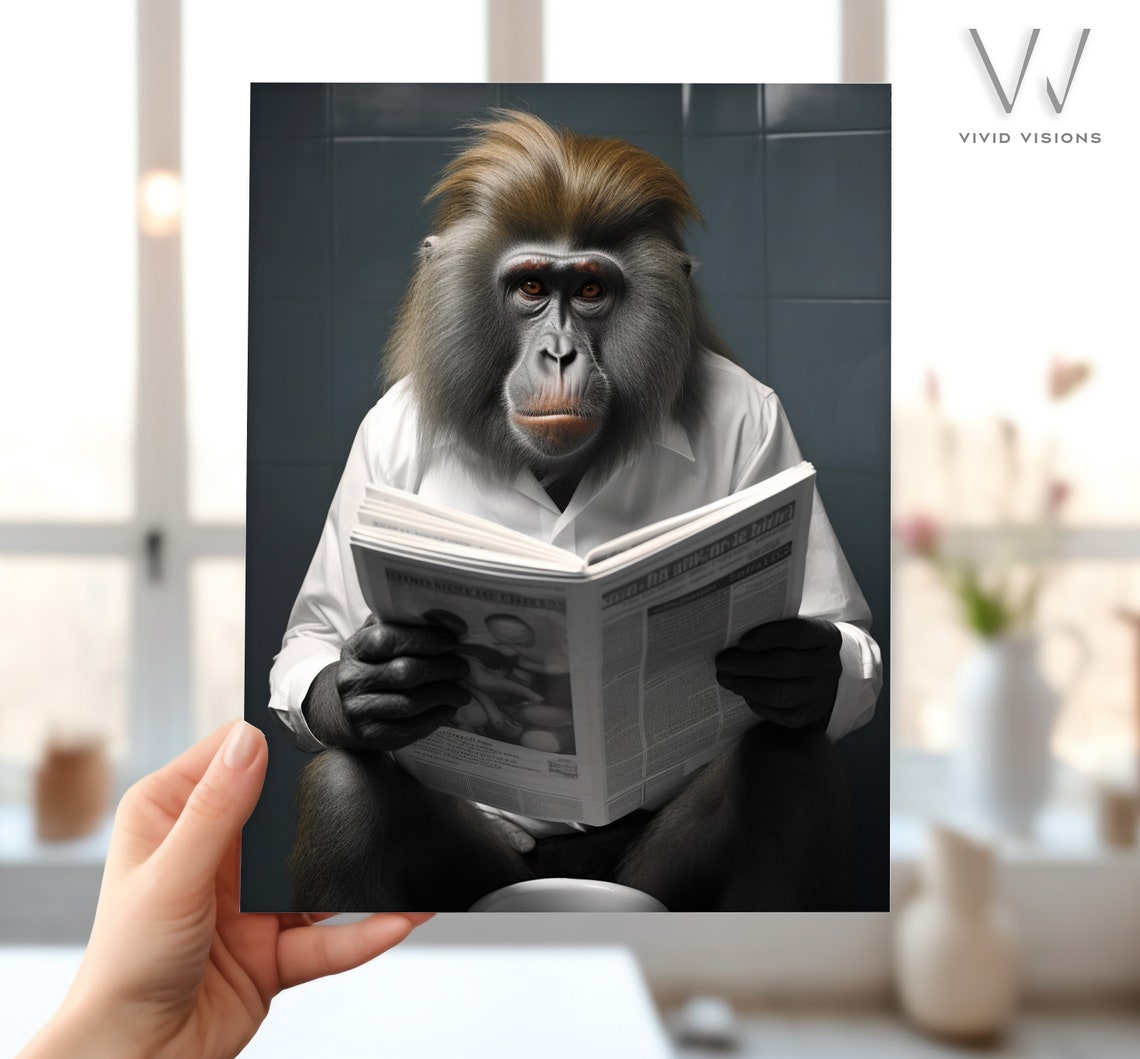 Funny Monkey in a White Shirt Reading Newspaper on the Toilet Poster - Image 4