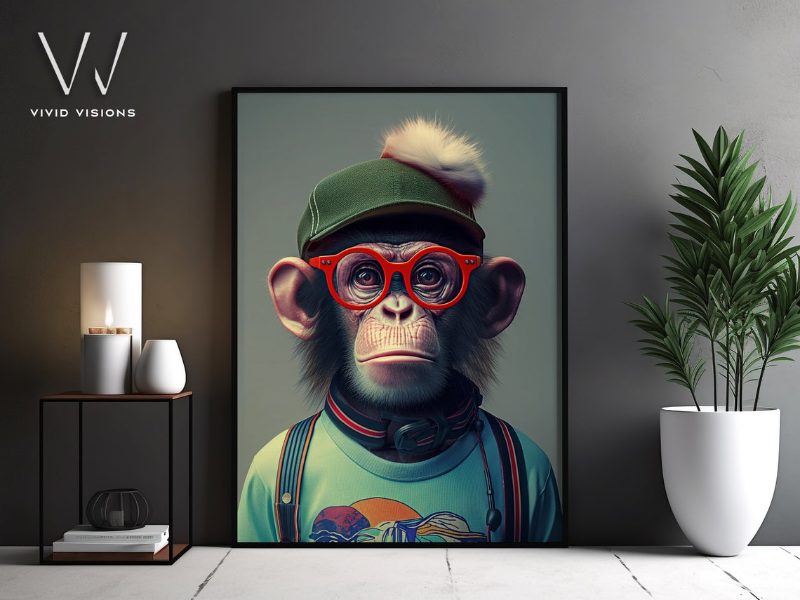 Chimp in Green Cap Red Glasses Suspenders Cute Nerdy Animal Poster