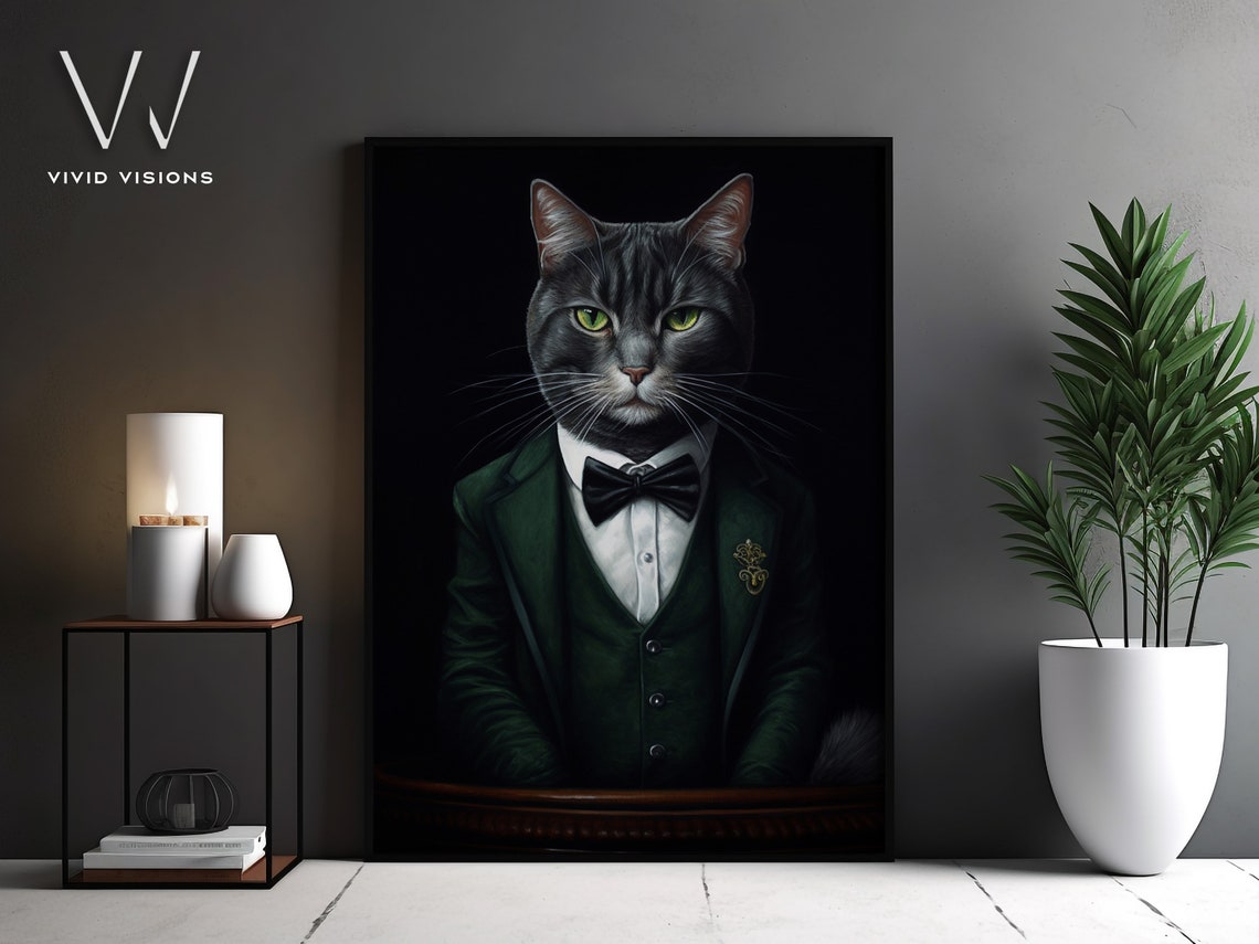Gray Tabby Cat Portrait Green Suit Black Bow Tie Gentleman Poster