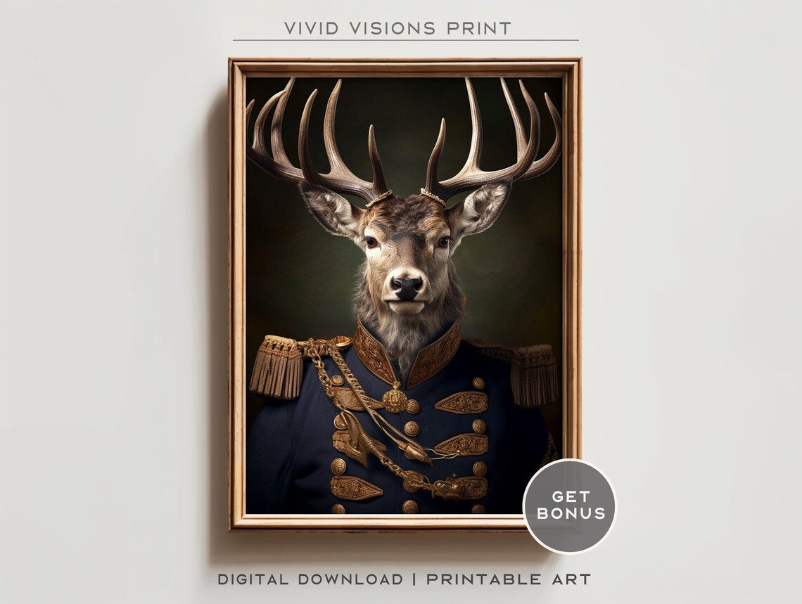 Victorian Stag Deer Portrait In Navy Military Uniform Poster