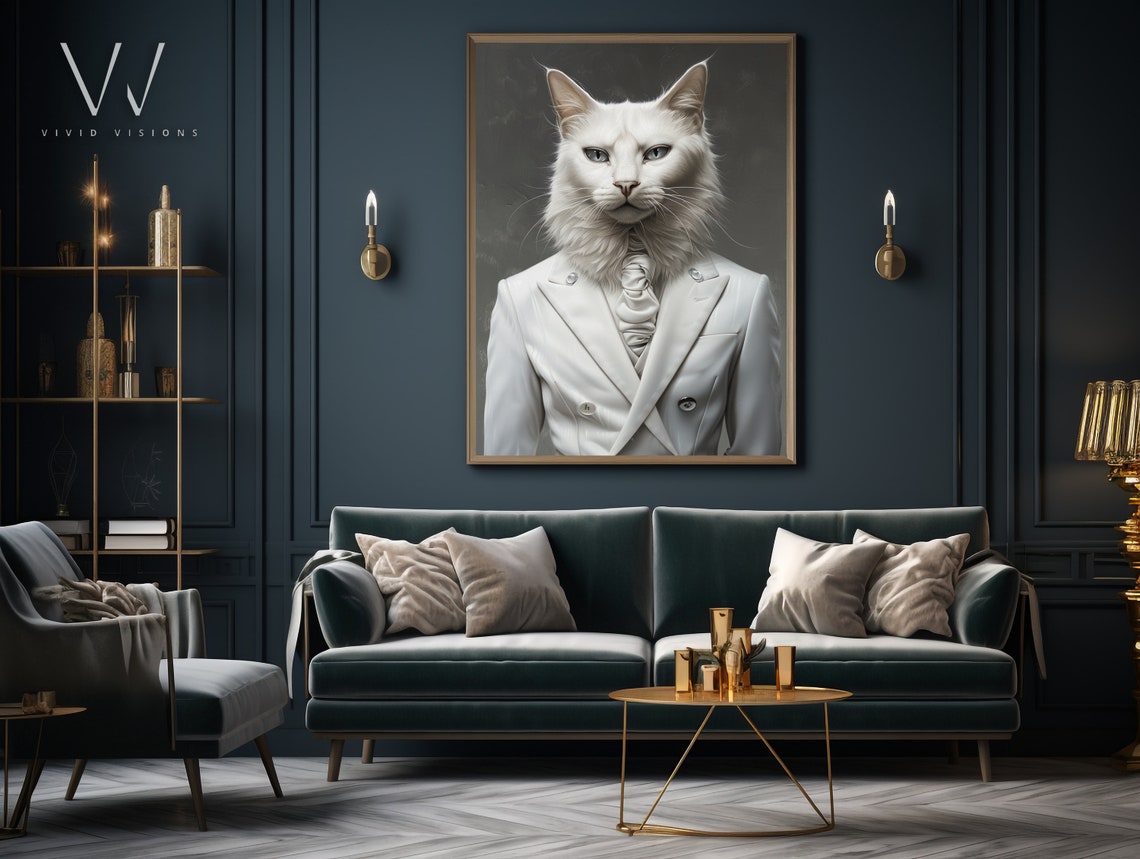 White Cat Portrait White Double Breasted Suit Elegant Minimal Poster - Image 4