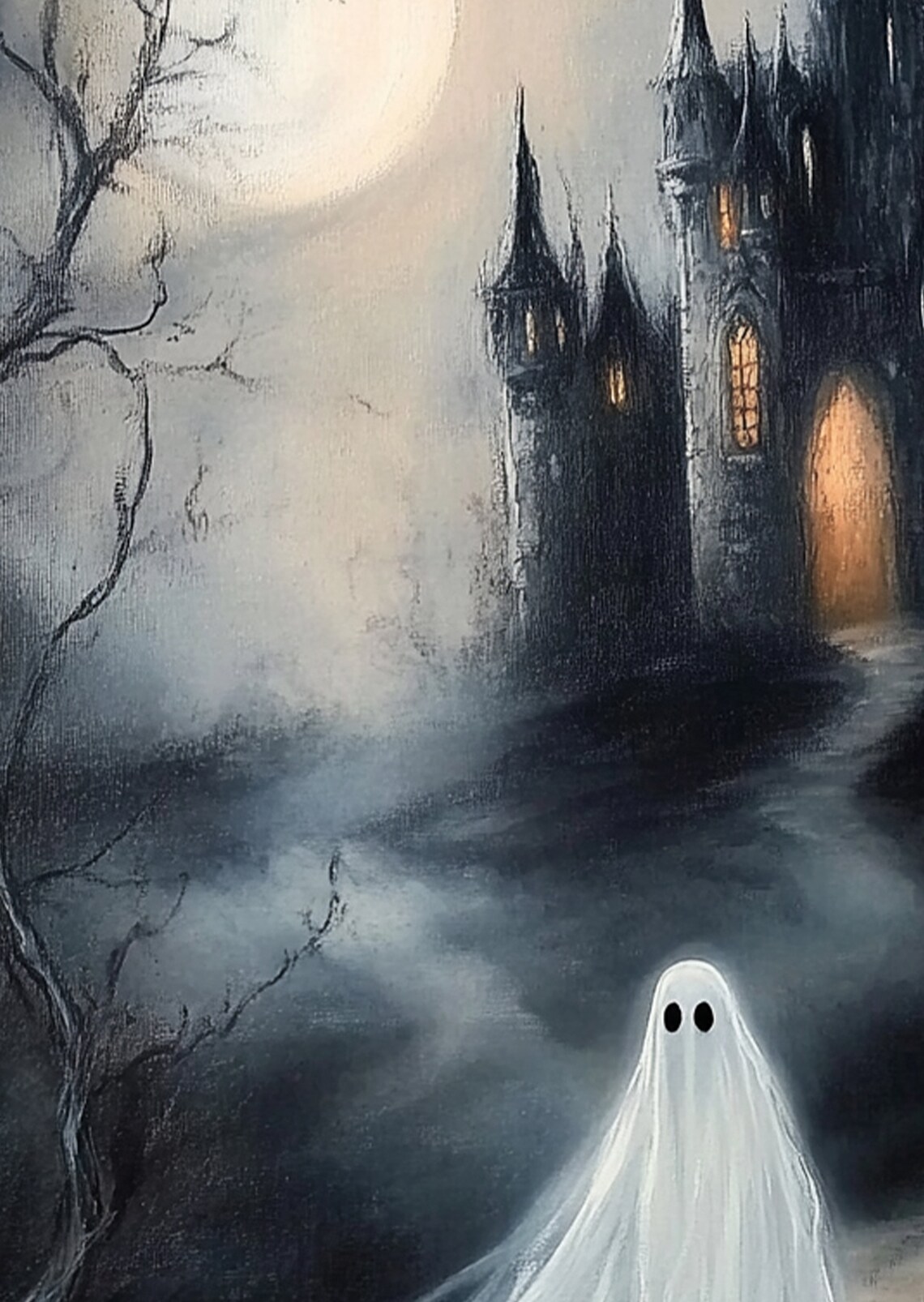 Ghost Before A Haunted Gothic Castle Poster Moonlit Halloween Night Art - Image 2