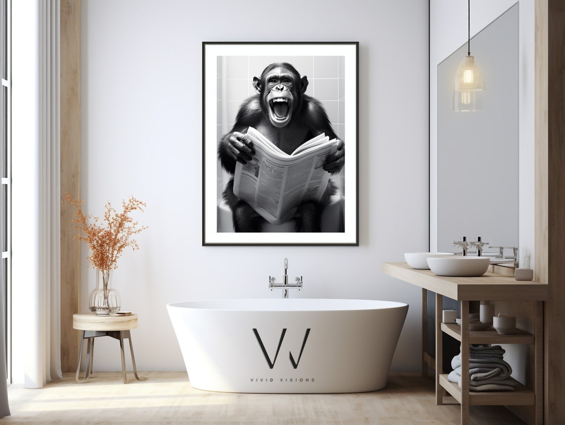 Black and White Laughing Monkey on the Toilet Funny Wall Poster - Image 3