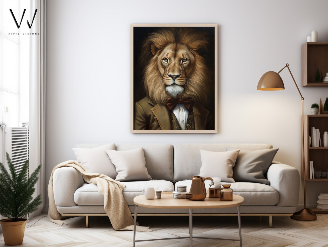 Victorian Lion Portrait Tan Suit Red Bow Tie Gentleman Art Poster - Image 4