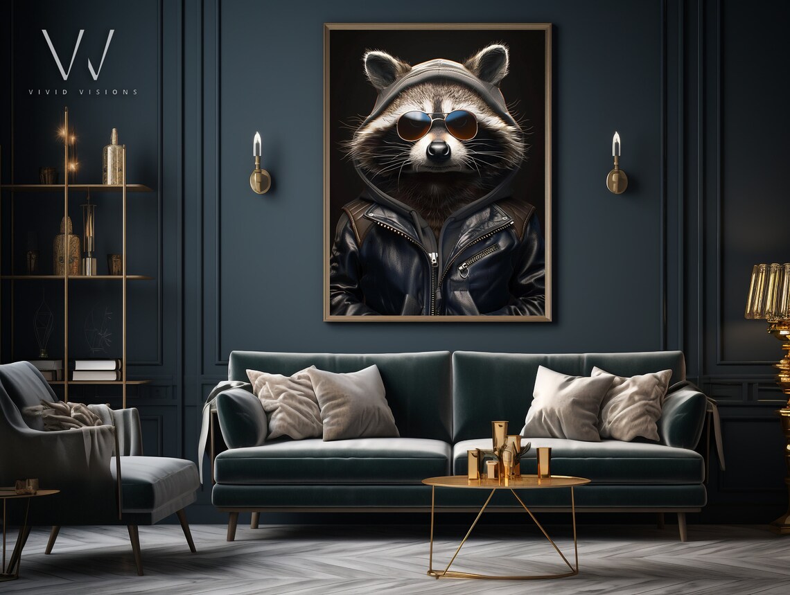 Modern Raccoon Portrait in Sunglasses, Vintage Style - Image 3