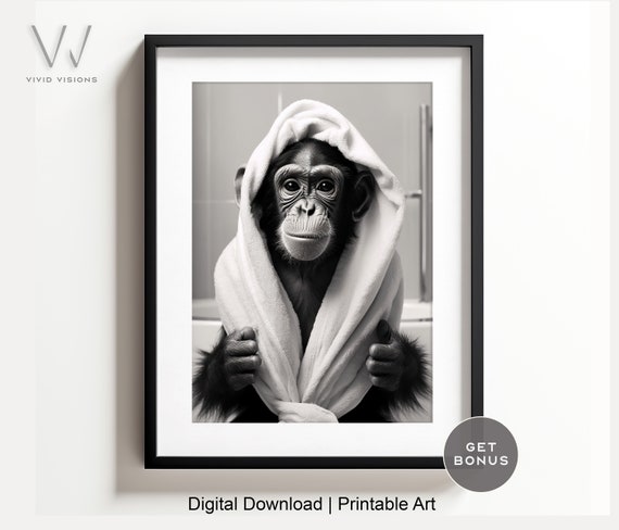 Monkey In Bathrobe Bathroom Art, Rustic Bath Style
