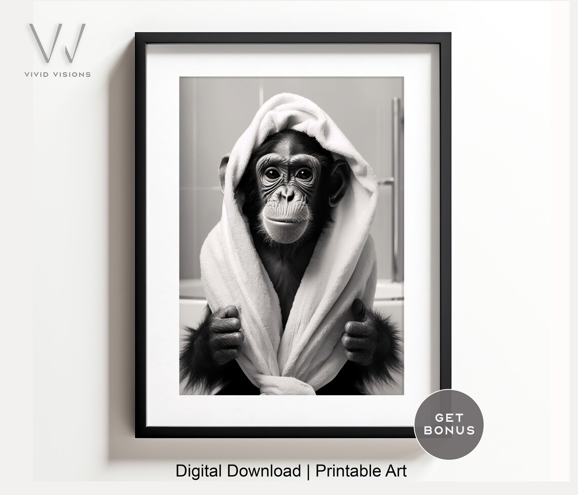 Monkey In Bathrobe Bathroom Art, Rustic Bath Style