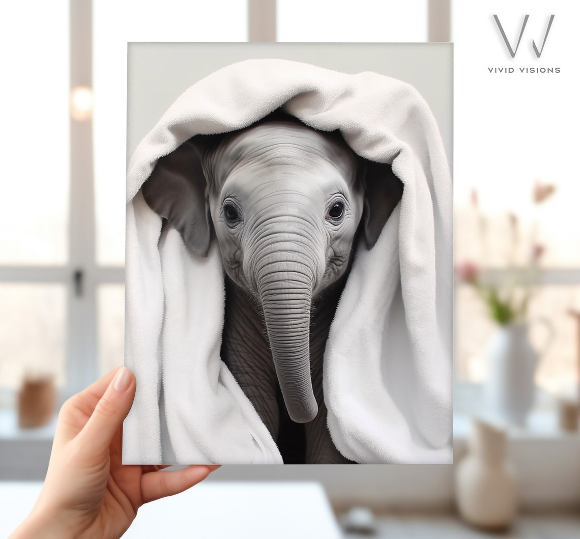 Sweet Baby Elephant in a White Hooded Towel Cute Nursery Poster - Image 4