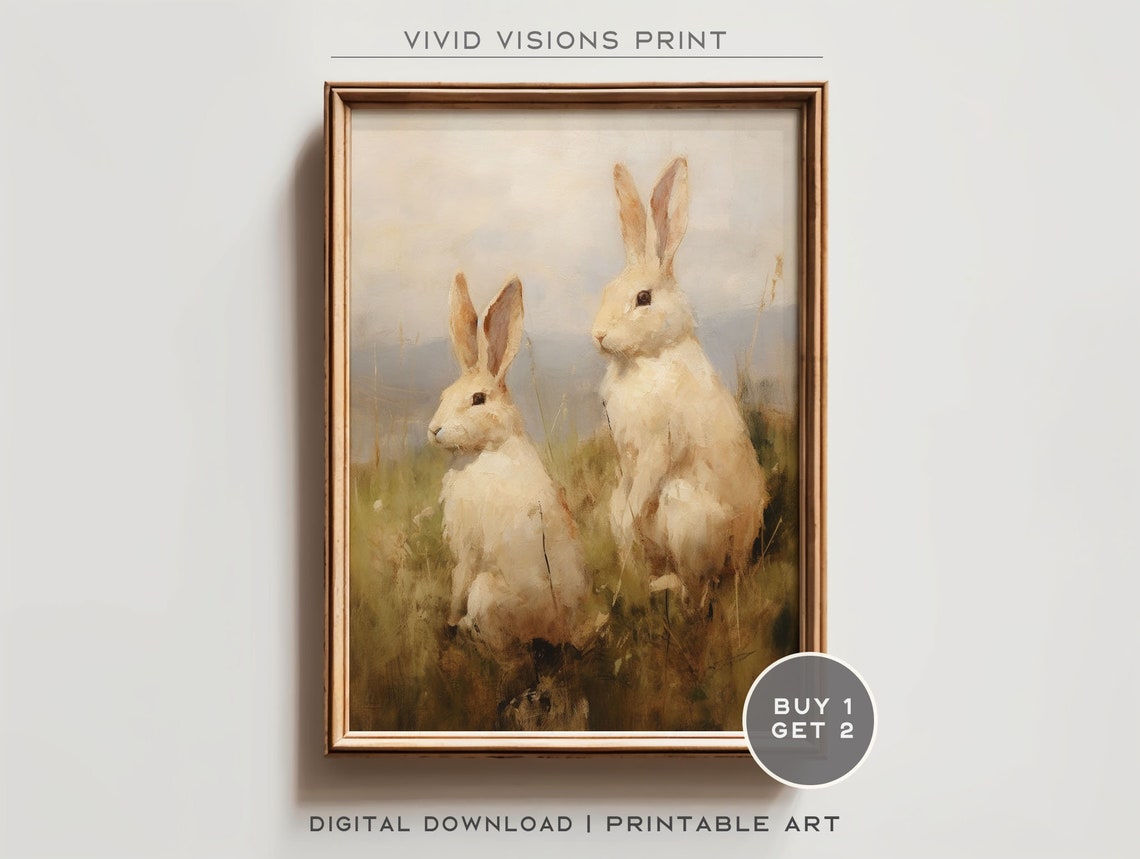 Two White Rabbits Side by Side Meadow Grass Vintage Spring Poster