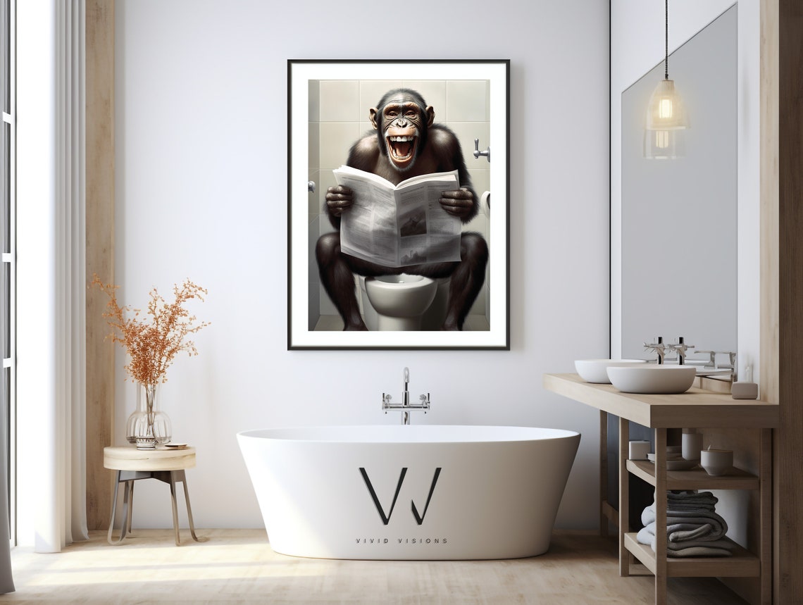 Hilarious Laughing Chimpanzee Reading Newspaper on Toilet Poster - Image 3