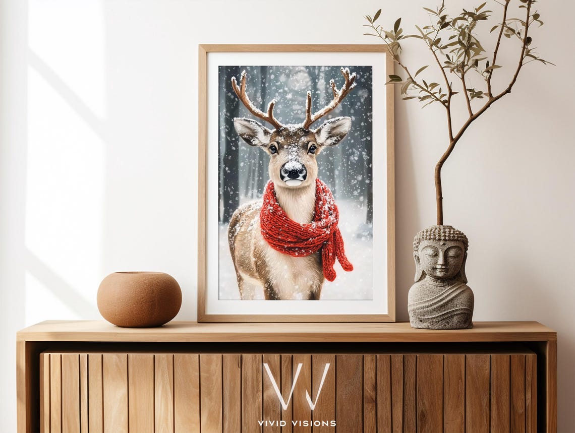 Reindeer in Red Knit Scarf Standing in Falling Snow Winter Poster - Image 4
