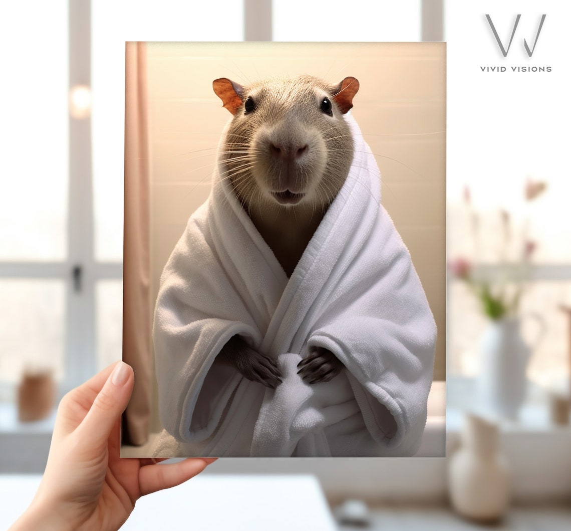 Happy Capybara in White Bathrobe Funny Smiling Bathroom Poster - Image 4