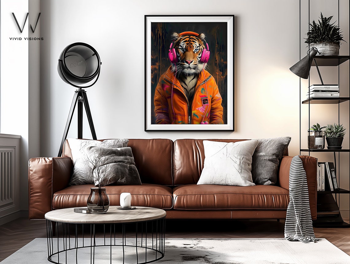 Tiger with Pink Headphones Orange Jacket Music Animal Portrait Poster - Image 4