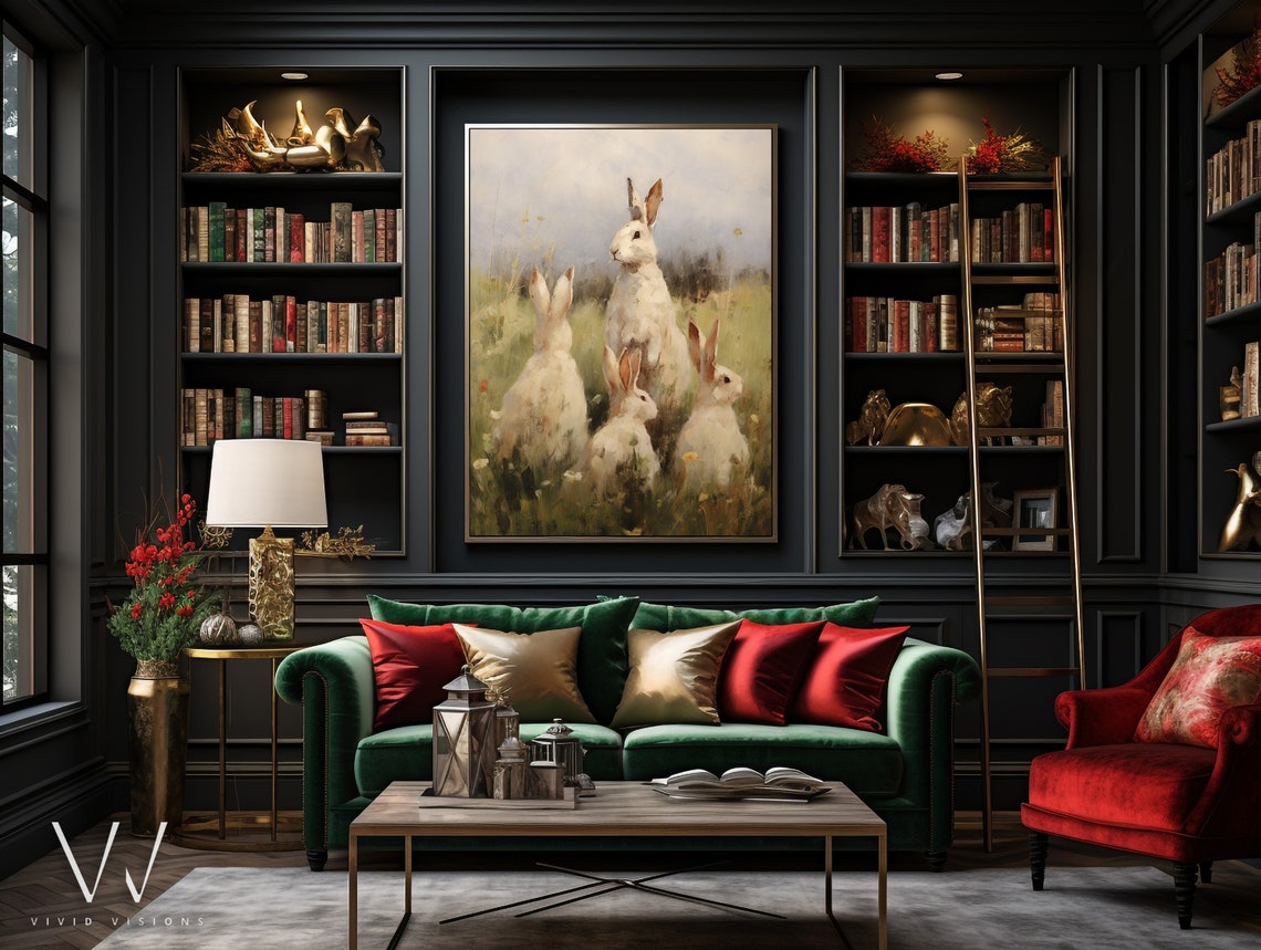 Vintage White Rabbits in a Spring Meadow Farmhouse Painting Poster - Image 4