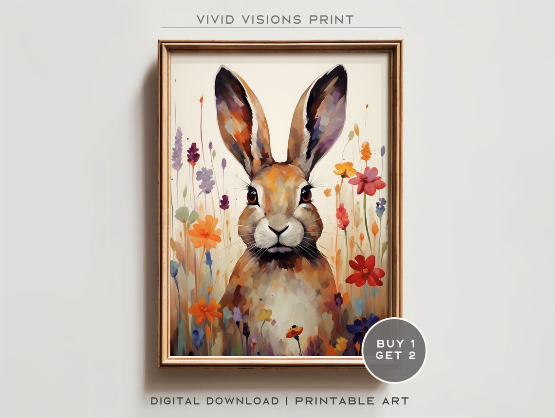 Watercolor Hare Wildflower Field Orange Blooms Animal Poster