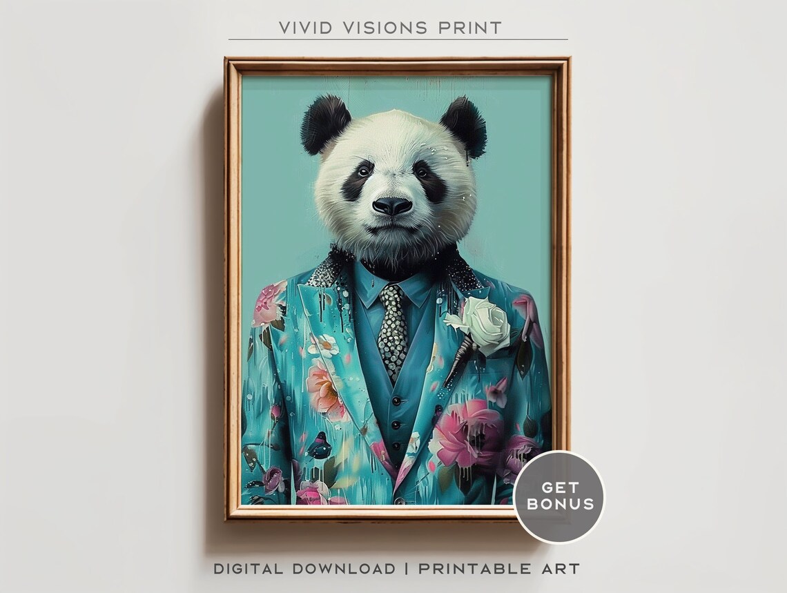 Giant Panda in Floral Suit with Rose Dapper Animal Portrait Poster