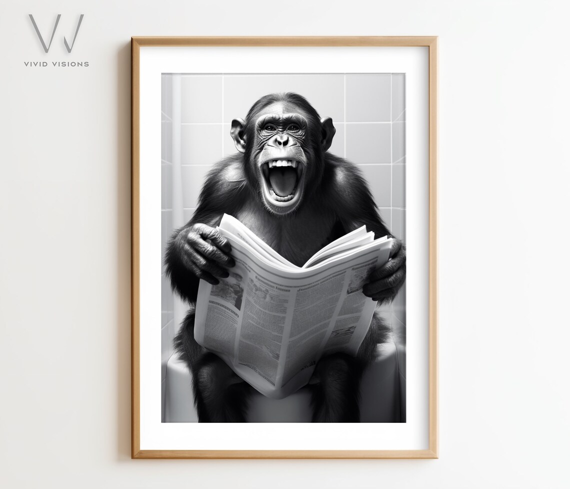 Laughing Chimpanzee Reading Newspaper on the Toilet Bathroom Poster
