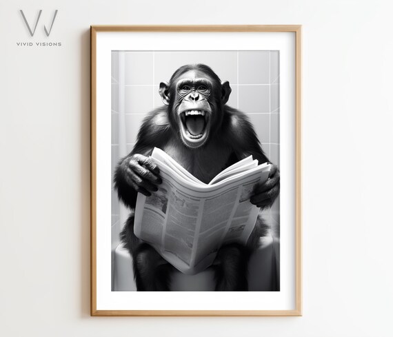 Laughing Chimpanzee Reading Newspaper on the Toilet Bathroom Poster