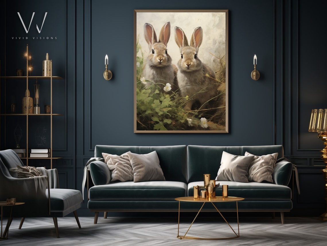Two Rabbits White Wildflowers Spring Meadow Vintage Animal Poster - Image 3