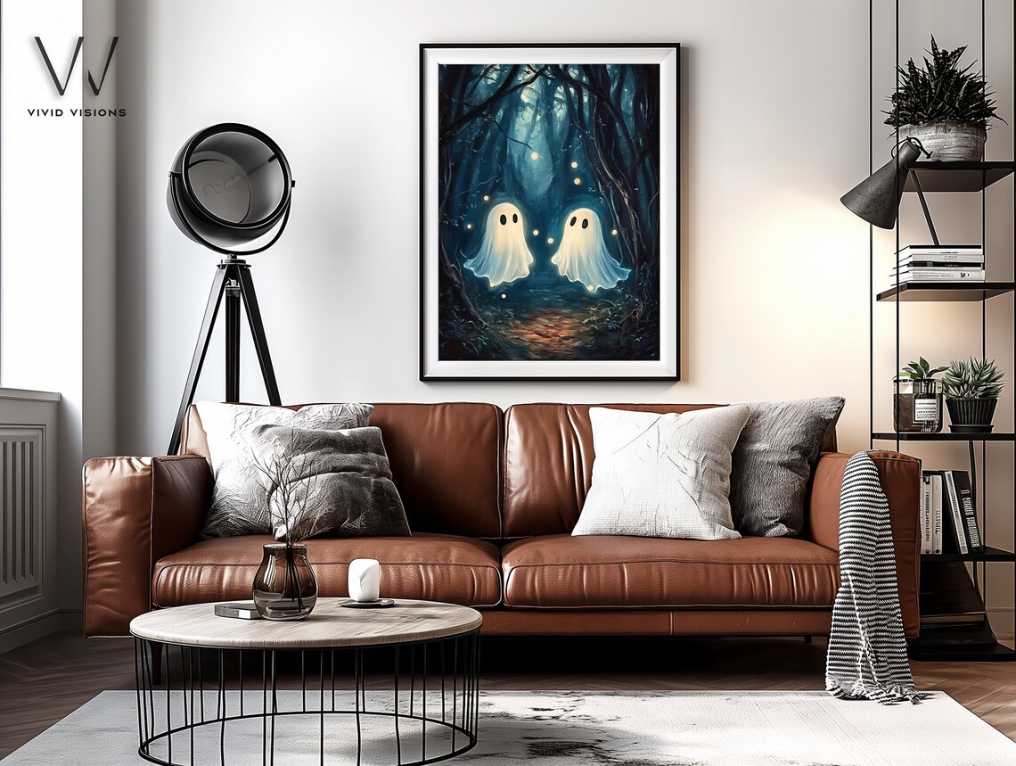 Two Glowing Ghosts In An Enchanted Forest Poster Magical Halloween Night - Image 3