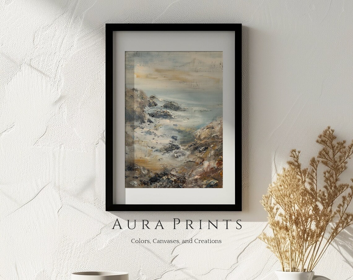Abstract Coastal Painting Soft Neutral Rocky Shore Art Poster