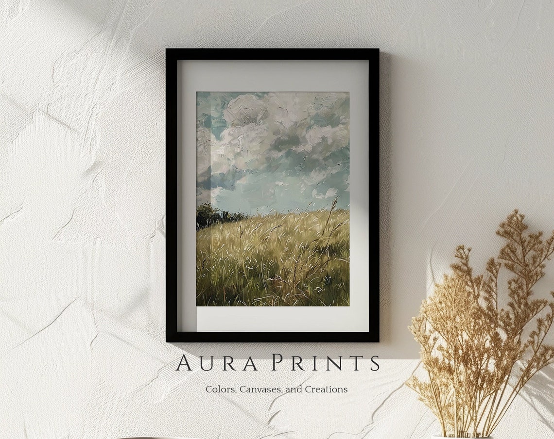 Windswept Grass Field Cloudy Sky Vintage Oil Painting Poster