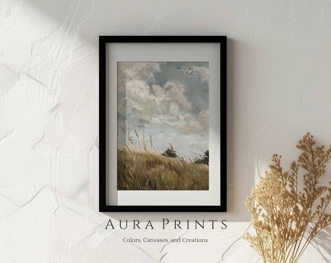 Windswept Golden Wheat Field Cloudy Sky Vintage Oil Landscape Poster