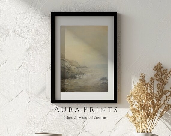 Muted Beige Misty Coast Waves Soft Neutral Seascape Art Poster