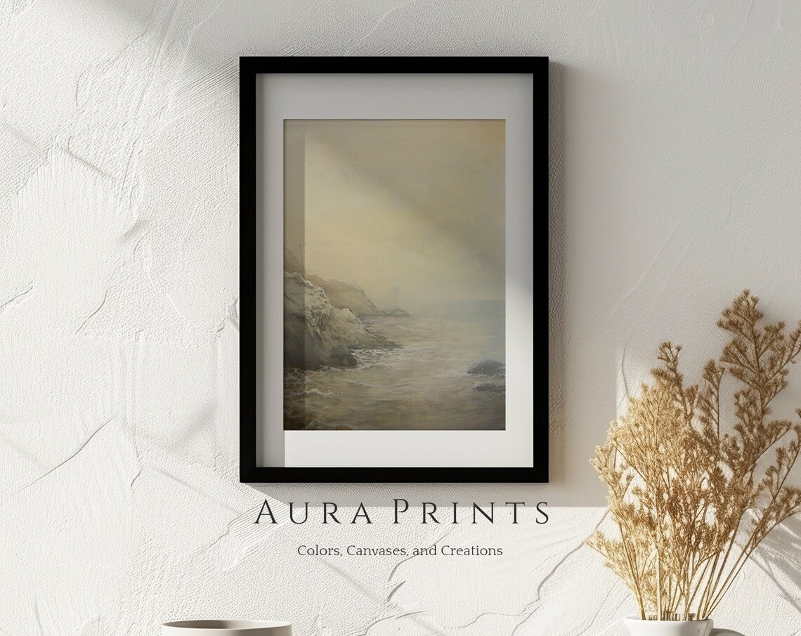Muted Beige Misty Coast Waves Soft Neutral Seascape Art Poster