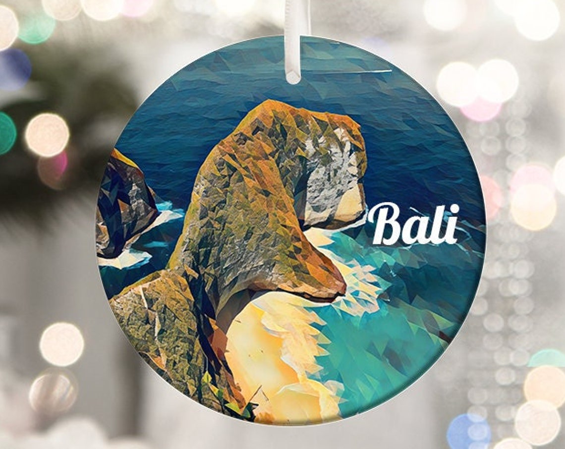 Bali Cliff Beach Turquoise Low Poly Round Christmas Ornament Print
