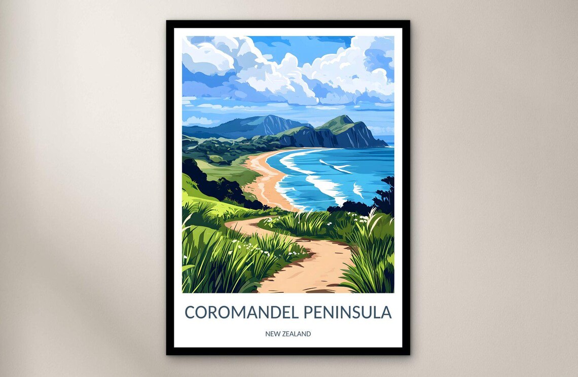 Coromandel Peninsula New Zealand Coastal Beach Travel Poster