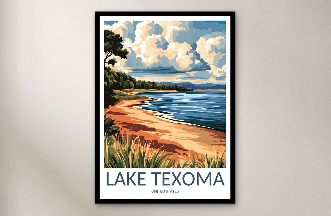 Lake Texoma Sandy Shore Sunset Clouds Calm Water Travel Poster