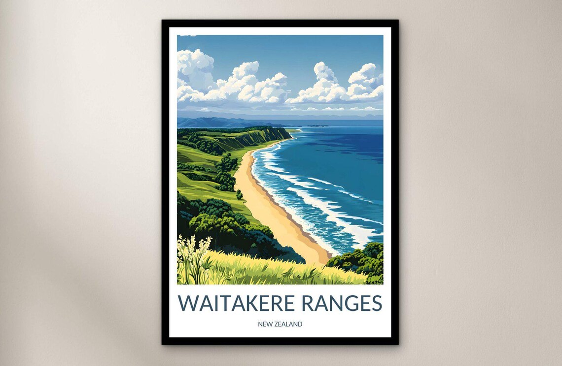 Waitakere Ranges New Zealand Green Hills Beach Coast Scenic Poster