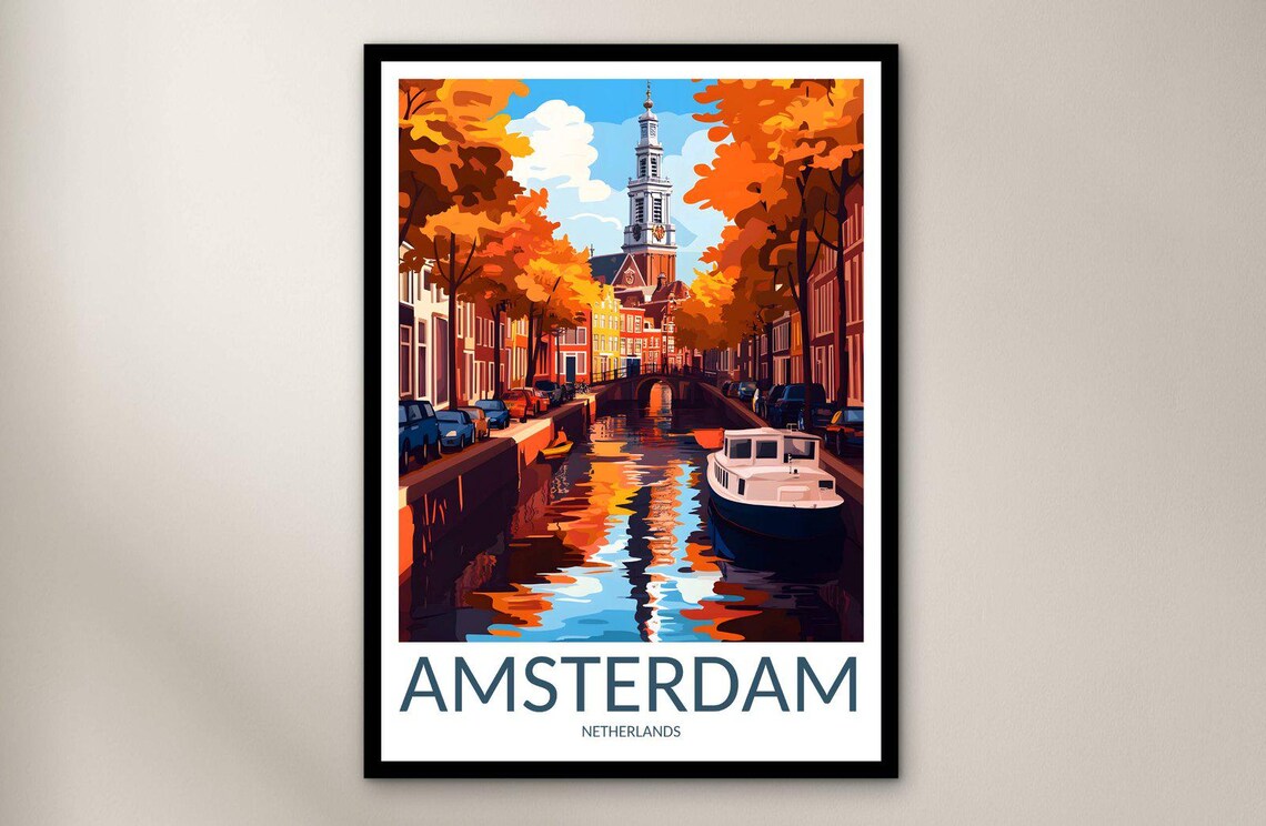 Amsterdam Netherlands Autumn Canal Boat Church Reflection Poster