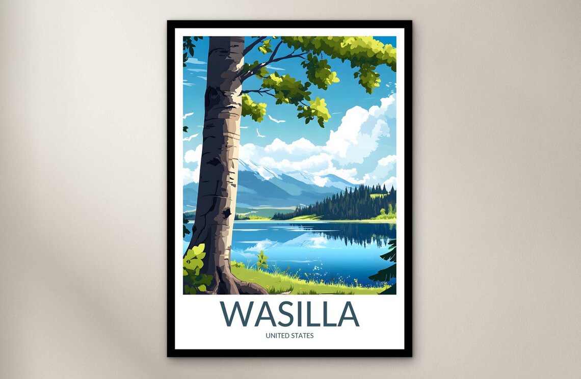 Wasilla Alaska Lake Birch Tree Snow Mountain Scenic Travel Poster