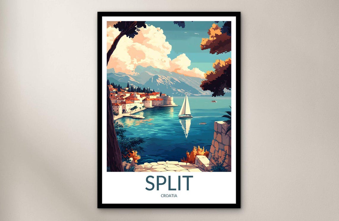 Split Croatia Sunny Sailboat Turquoise Bay Adriatic Travel Poster