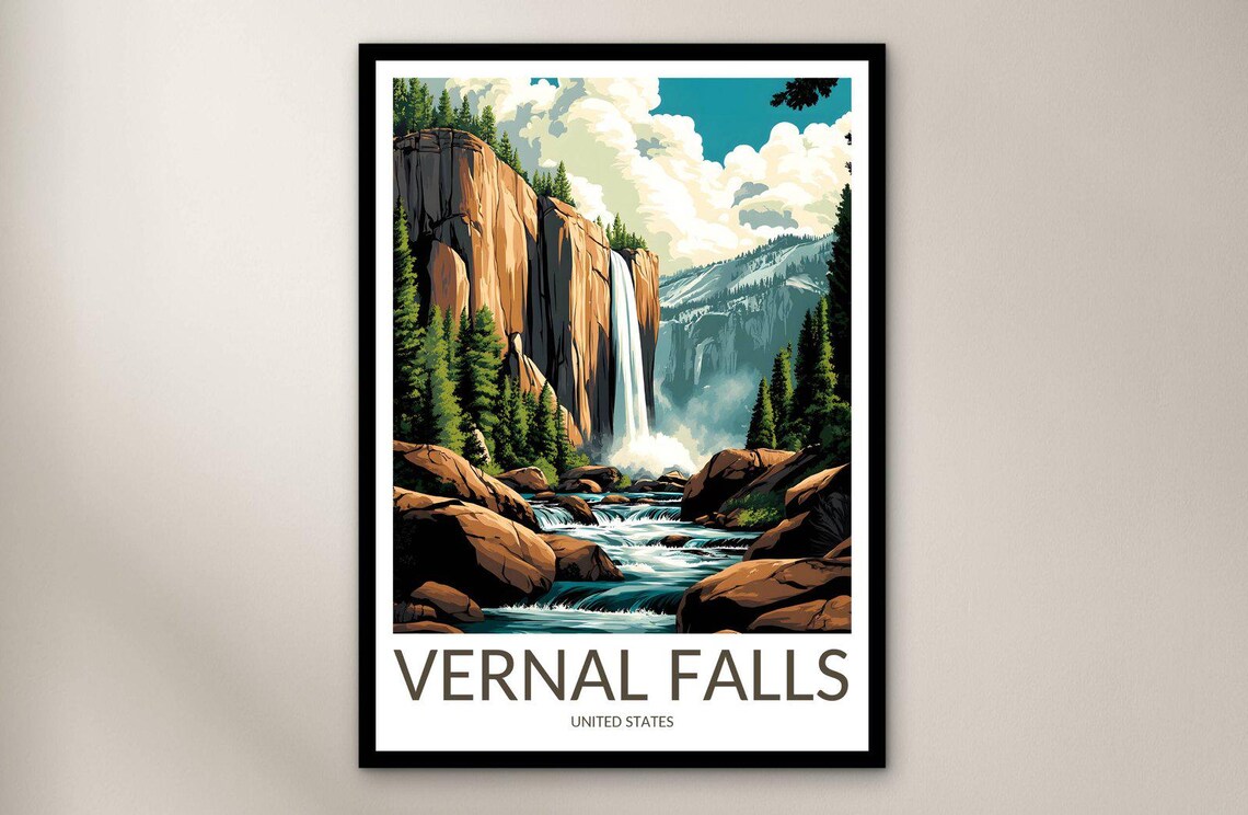 Vernal Falls Yosemite California Granite Cliff Waterfall Pine Art Poster