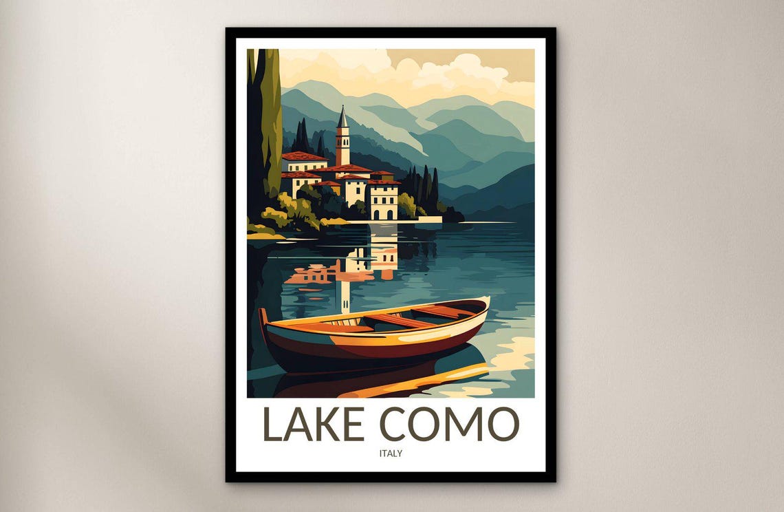 Lake Como Italy Serene Rowboat Lakeside Villa Bell Tower Travel Poster
