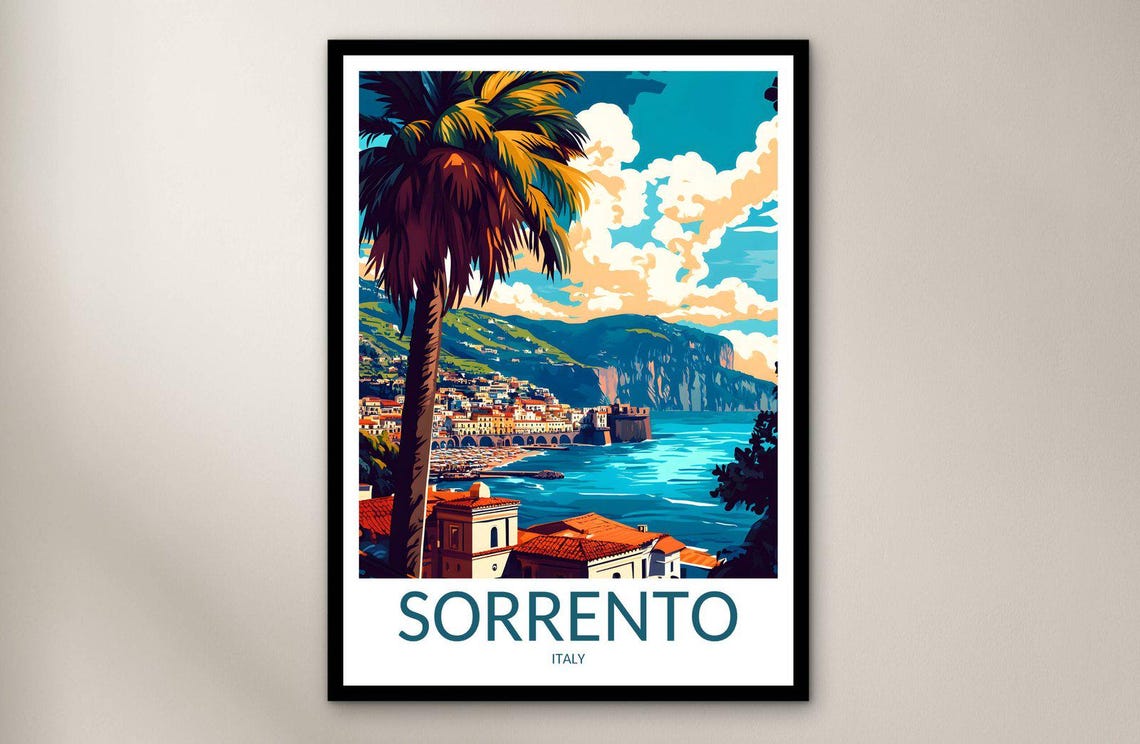 Sorrento Italy Coastal Bay Travel Poster With Palm Tree View Art