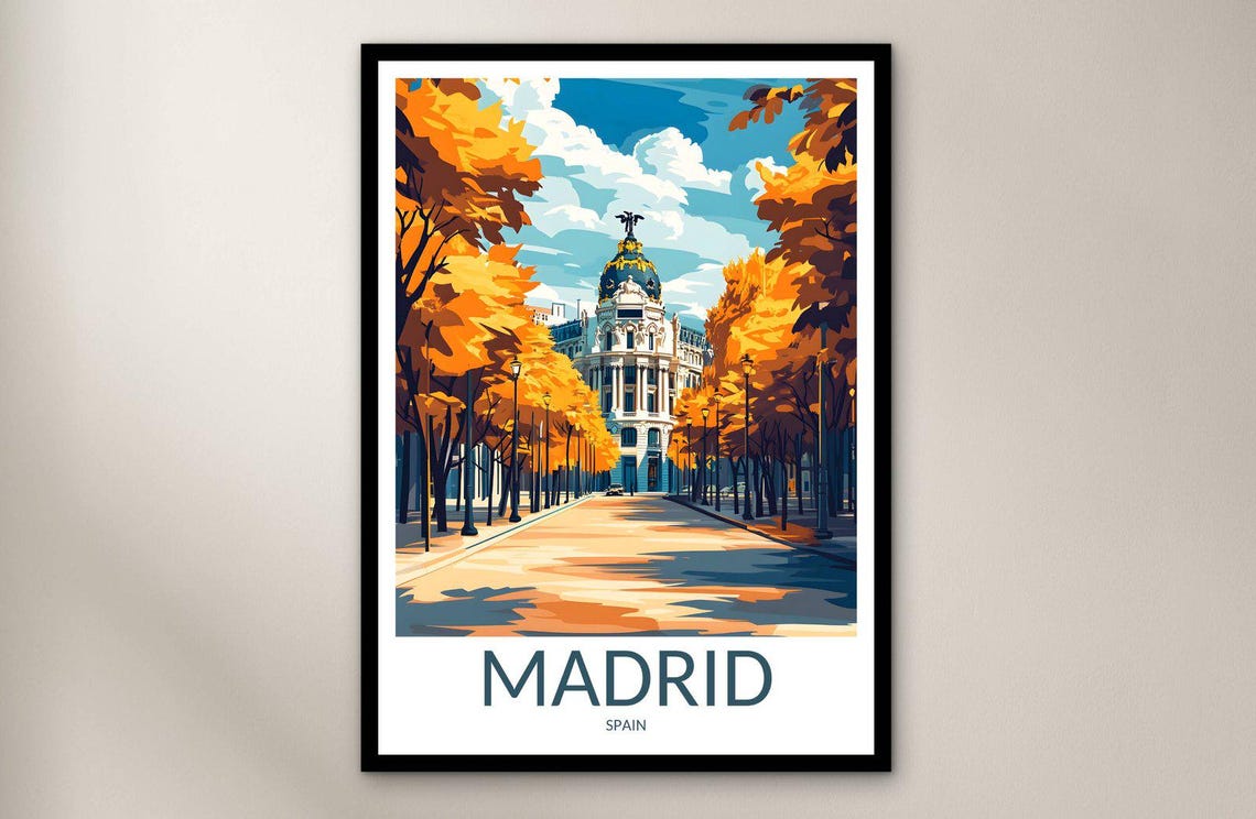 Madrid Spain Historic Building Tree Lined Avenue Travel Poster