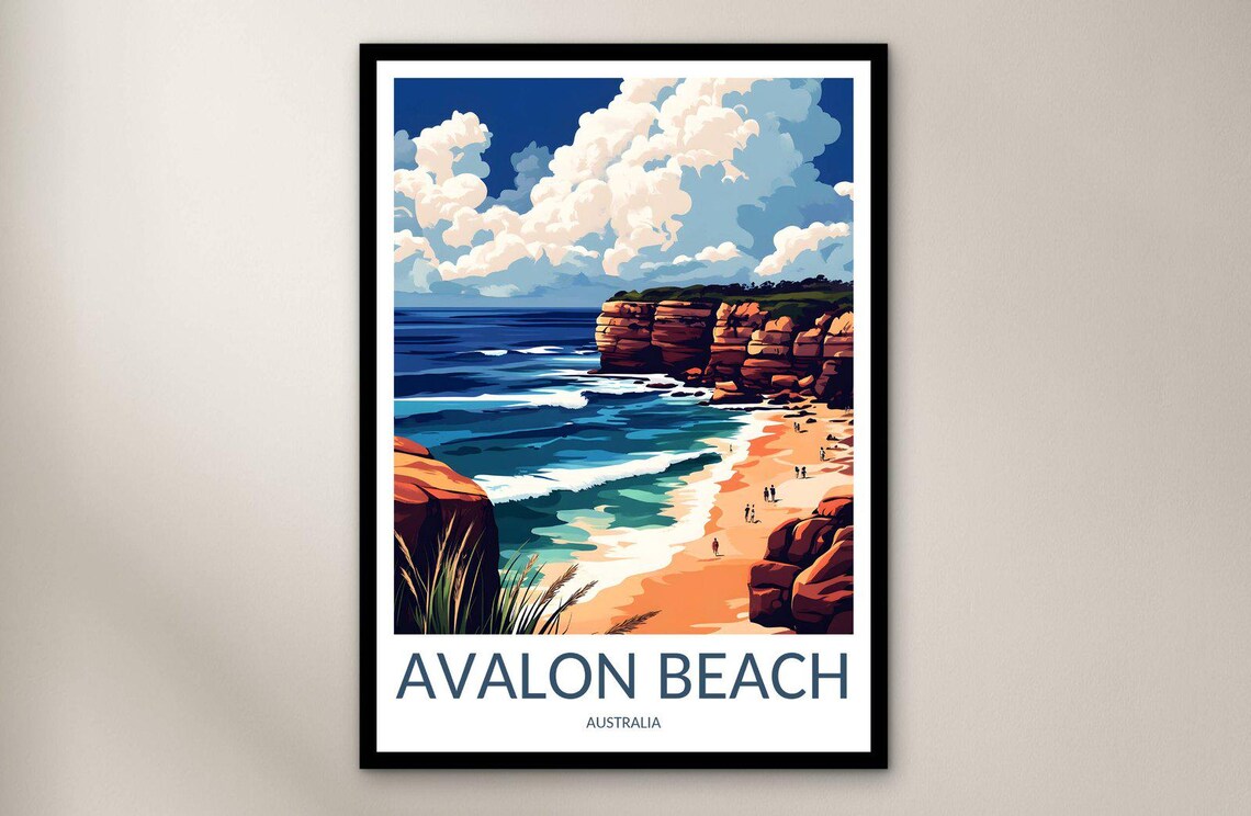 Avalon Beach Sydney Australia Red Cliff Ocean Retro Travel Poster