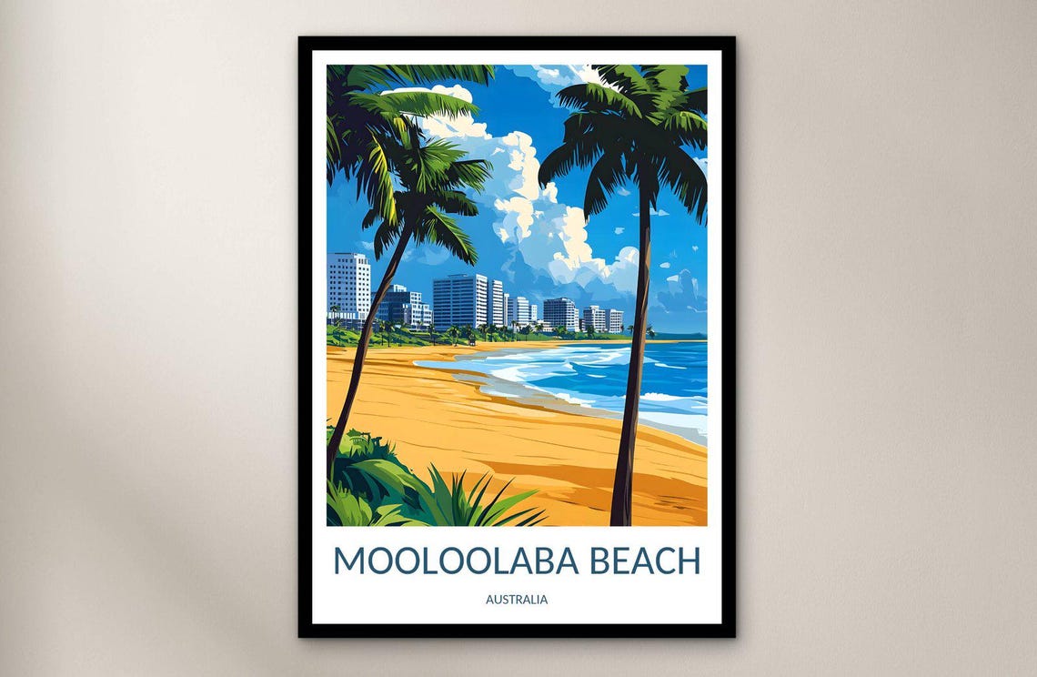 Mooloolaba Beach Australia Skyline and Surf Vintage Travel Poster