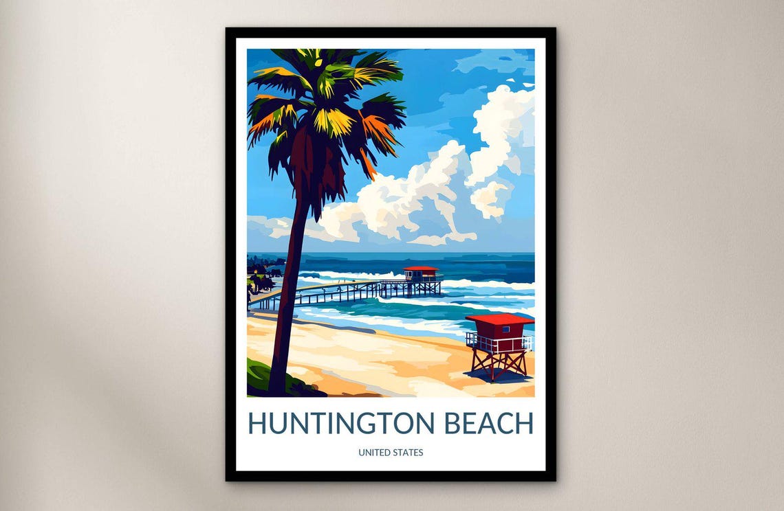 Huntington Beach California Surf Pier Lifeguard Tower Palm Tree Poster