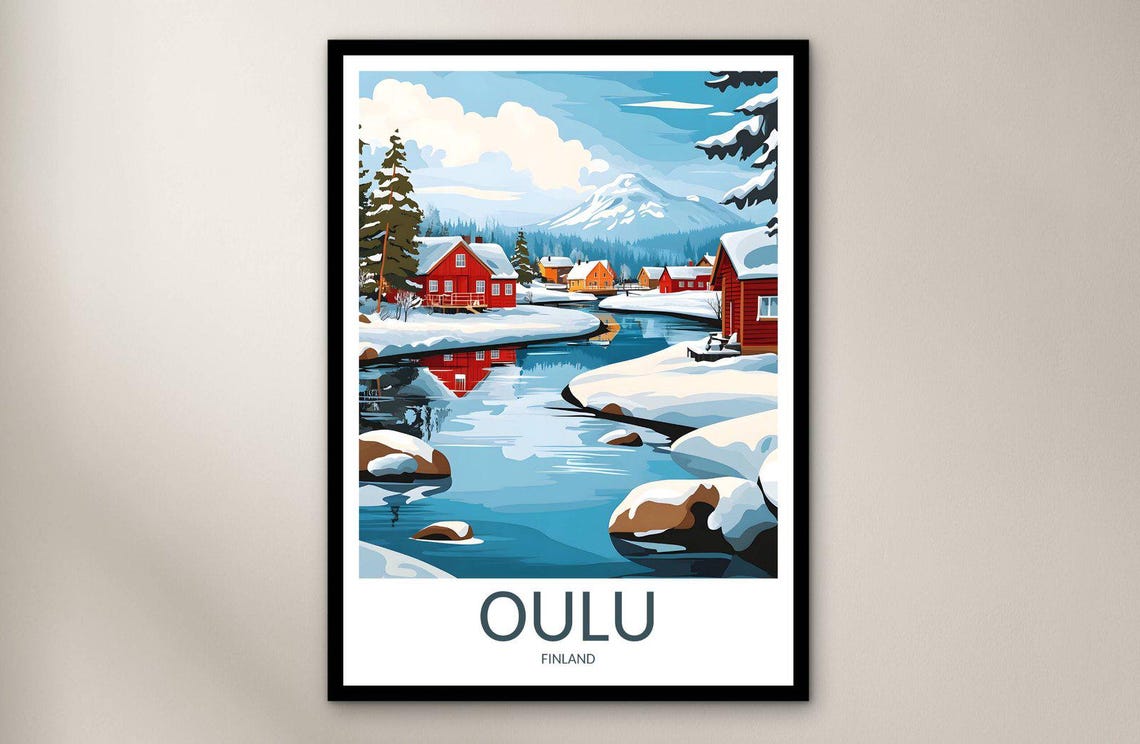 Oulu Finland Snowy Red Cabins Over Frozen Stream Winter Poster